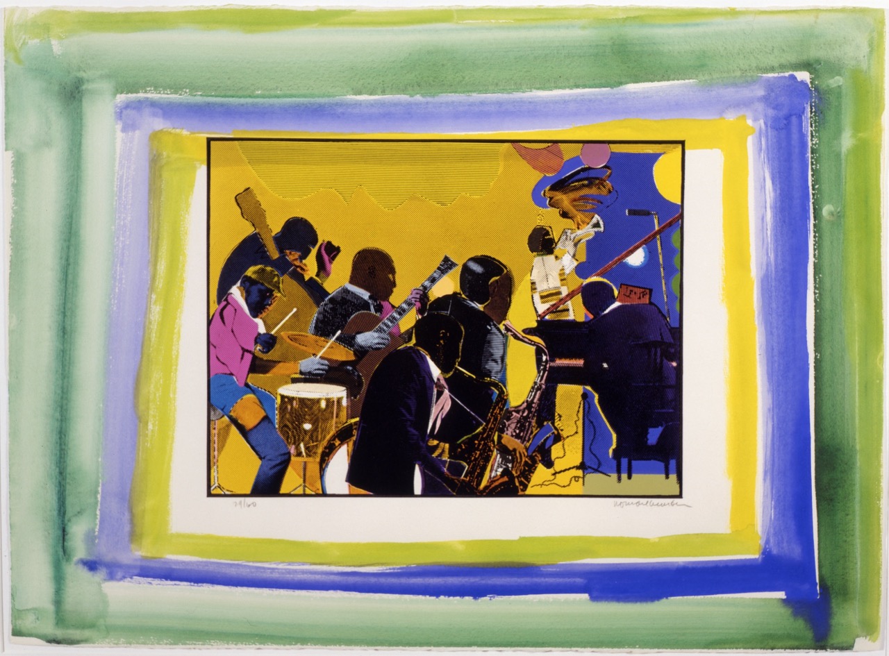 Colorful jazz band mixed media artwork framed by green, blue, and yellow watercolor layers.