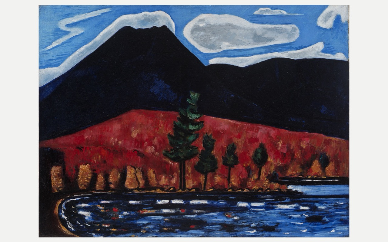 Landscape painting with dark mountains, red hills, green trees, and a blue lake under a cloudy sky.